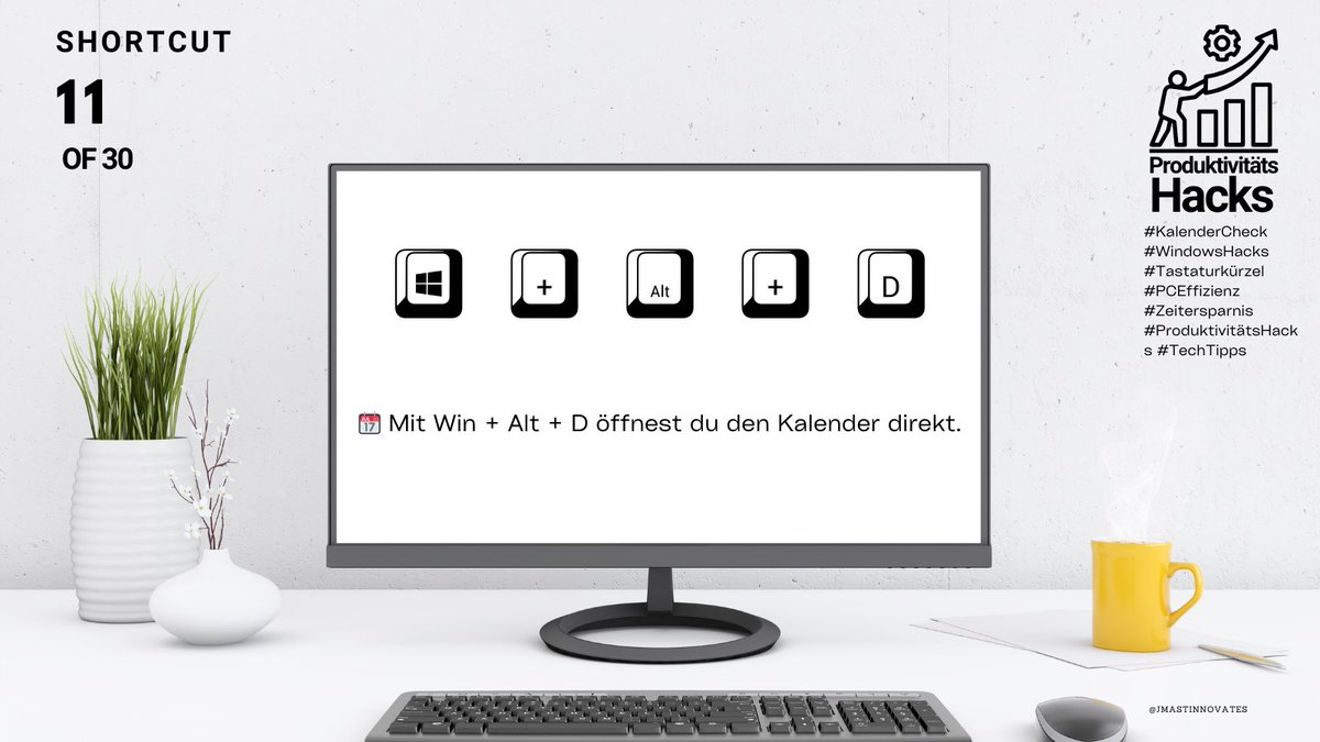 JMastInnovates's tweet image. 📆 Mit Win + Alt + D öffnest du den Kalender direkt. #KalenderCheck #WindowsHacks #Tastaturkürzel #PCEffizienz #Zeitersparnis #ProduktivitätsHacks #TechTipps