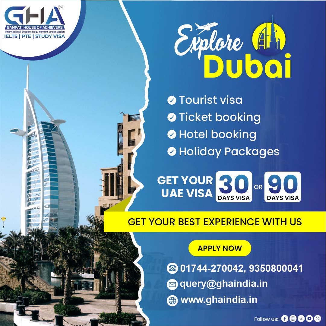 GhaEducation's tweet photo. "Unlock the wonders of Dubai with a hassle-free visa in just 30-90 days through Ganpati House of Achievers. ✈
#DubaiAdventures #ExploreWithGHA #studyindubai #VisaMadeEasy #SomethingMore"
.
.

#ghaimmigration #DubaiVisa #SmoothImmigration #GHAAssistance #ExploreDubai https://t.co/KAPfof3BdQ