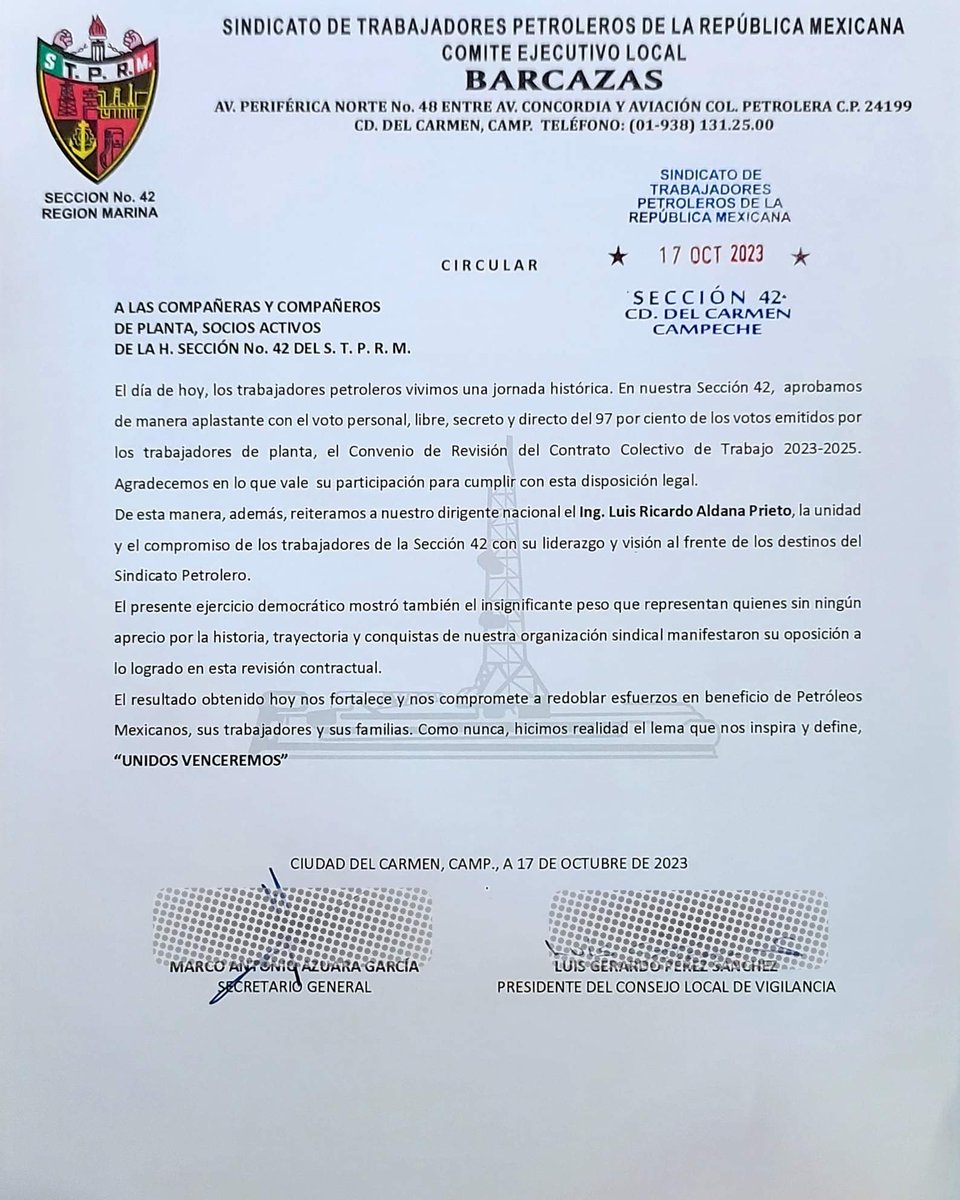Julianzarapa's tweet photo. Gracias al respaldo del ing. Ricardo Aldana, así como el apoyo de nuestro Pte. De Gpo. @lgps03101 y nuestro Srio. Gral. @MarcoAzuara1 demuestra que la @Seccion42_STPRM sigue trabajando con unidad, reiterando el compromiso de su base trabajadora #unidosvenceremos #unidossomosmas https://t.co/0fQwEfJpA1
