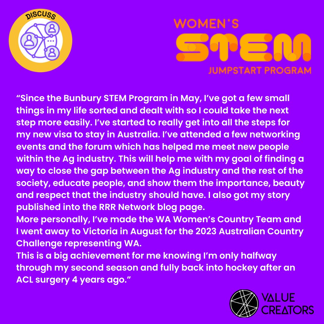 ValueCreatorsPL's tweet image. *STEM ALUMNI SPOTLIGHT*

Originally from Brussels, Belgium, Cloe moved to Australia 3 years ago and is super passionate about agriculture, currently working on a farm in Narembeen. 

Here is her story shared at our annual Connect Forum.