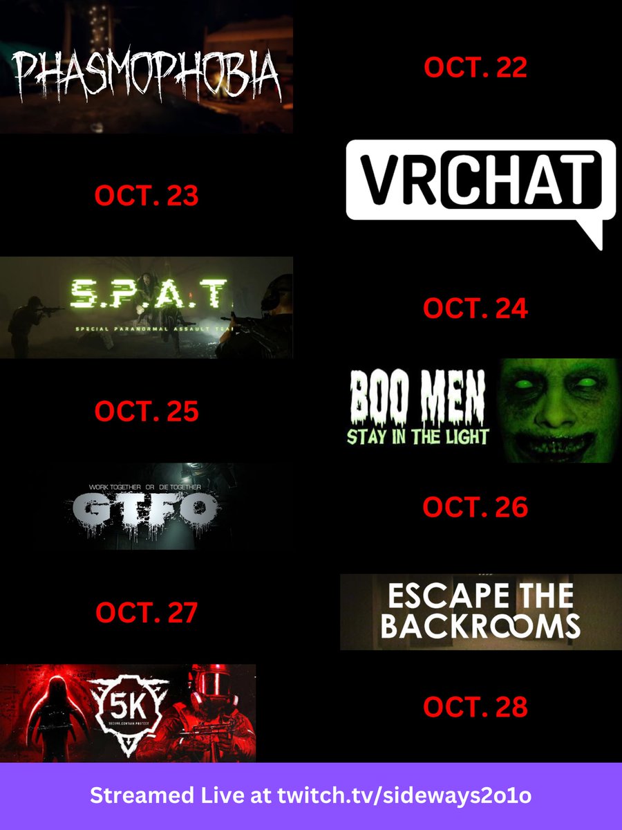 The is the official schedule for our 3rd Annual Spooky Week with <a href="/lilxj4/">lil_xj</a>! Hope to see you there!