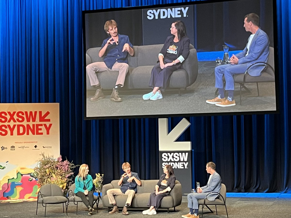 TashSR's tweet photo. @sxswsydney great panel on the future of #food. #scientists #chefs and @Rove  converge to talk about food shortages, wastage, our worry about food that looks and feel different and plant based bone. It definitely sounded crunchy over the mics https://t.co/26ZbdJeS1h