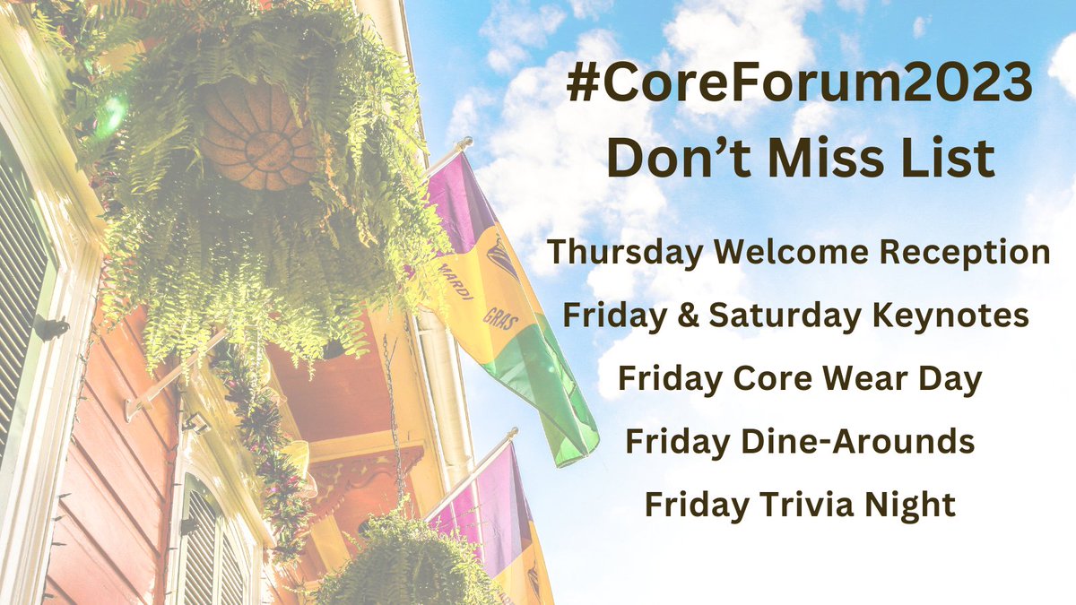 ALA_Core's tweet image. Welcome to all #CoreForum2023 attendees arriving in the Big Easy! A few events to keep top of mind as we head into a whirlwind weekend: Thursday evening Welcome Reception, Friday &amp;amp; Saturday morning keynotes, Friday Core Wear Day, &amp;amp; Friday Trivia Night.. We can’t wait to see you!!