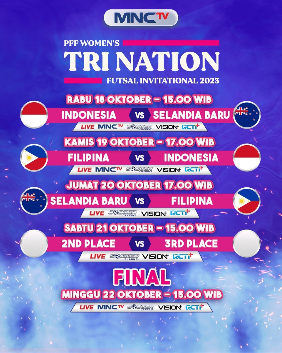 𝐒𝐀𝐀𝐓𝐍𝐘𝐀 𝐒𝐑𝐈𝐊𝐀𝐍𝐃𝐈 𝐓𝐄𝐑𝐁𝐀𝐍𝐆 𝐓𝐈𝐍𝐆𝐆𝐈! Turnamen #PFFWomensFutsalTriNation kembali digelar dengan menyajikan partai seru antar 3 negara Asia Saksikan mulai SORE INI! LIVE @Official_MNCTV @mncsoccer101 LIVE Streaming @visionplusid @RCTIPlus