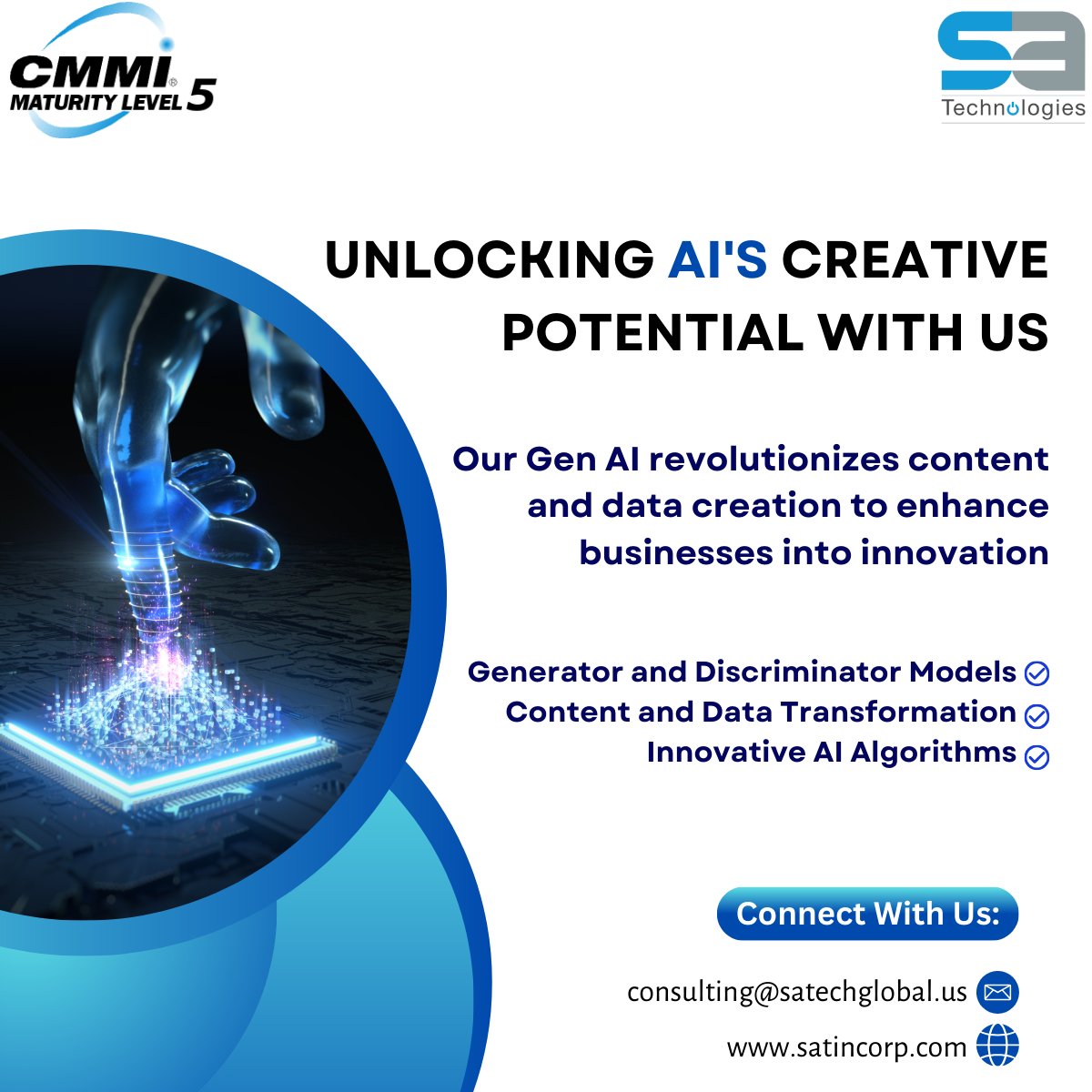 Unlocking the creative potential of AI with us!
Our Gen AI revolutionizes data creation, driving innovation for businesses. 

Visit: satincorp.com 

#ai #GenAI #CreativePotential #ContentTransformation #DataInnovation #InnovativeAlgorithms #satechnologies #satech