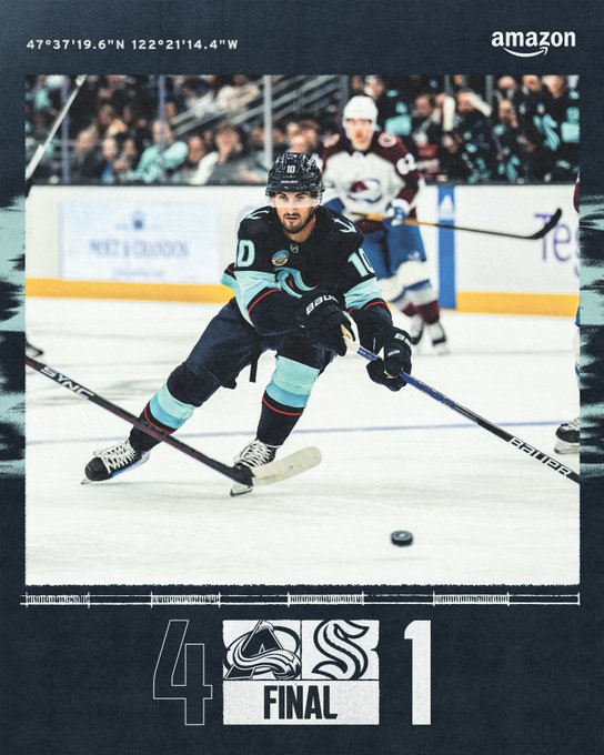 kraken final score graphic with photo of beniers playing the puck avalanche: 4 kraken: 1