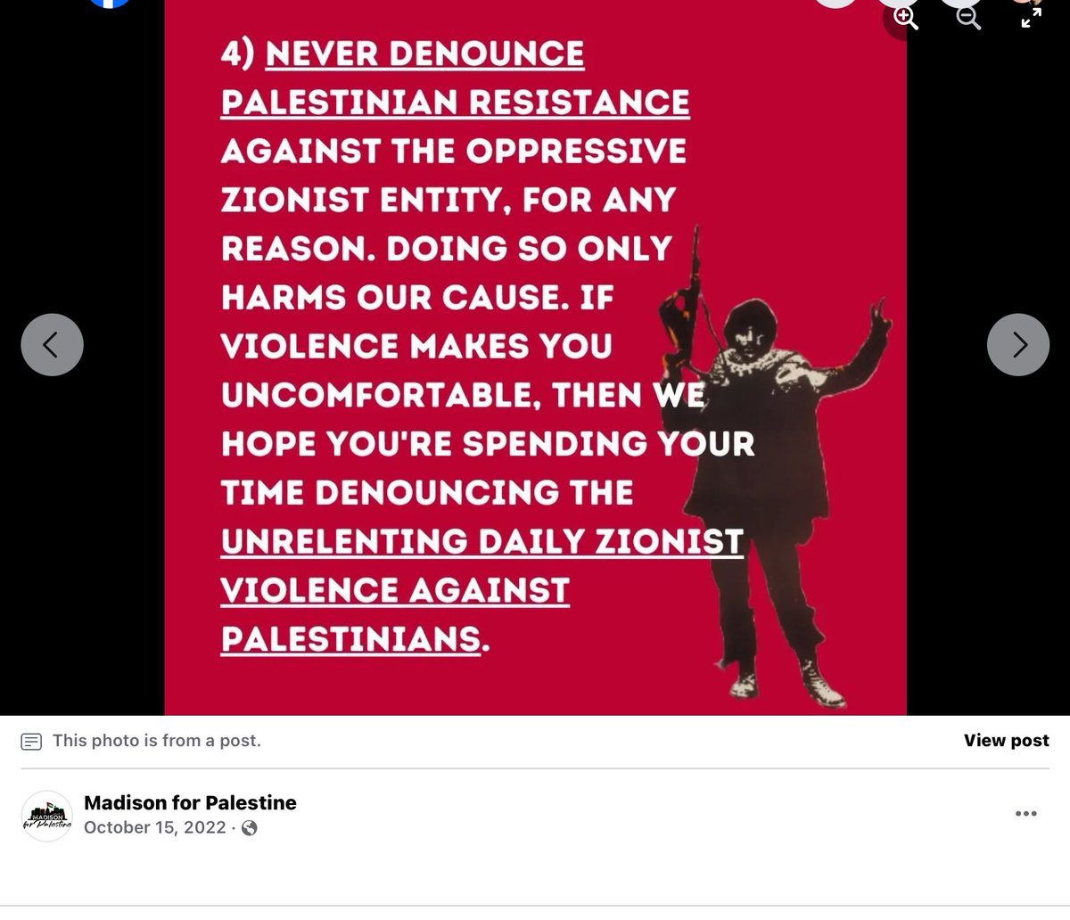 jennifer626's tweet photo. At first, I thought #Harvard & #NYU students might face stiff competition in the Midwest for “Most Appalling Campus Hate Speech.” #UWMadison administrators condoned as #ProtectedSpeech a rally where the attendees glorified #Hamas as #martyrs and chanted for “liberation” #ByAnyMeansNecessary.
But #UWMadison students weren’t responsible. “Local grassroot activist” #MadisonforPalestine was, a small Facebook group with no visible student participation that frequently criticizes the “colonizer” university. They scheduled the sit-in, then loudly celebrated the murder of Jews for 2 hours in front of the 6th largest Jewish student population in the U.S.
That’s right.
The chancellor should be more concerned about the well-being of these 5200 students than whether the #HamasAttacks will “fan the global flames of Islamophobia.”