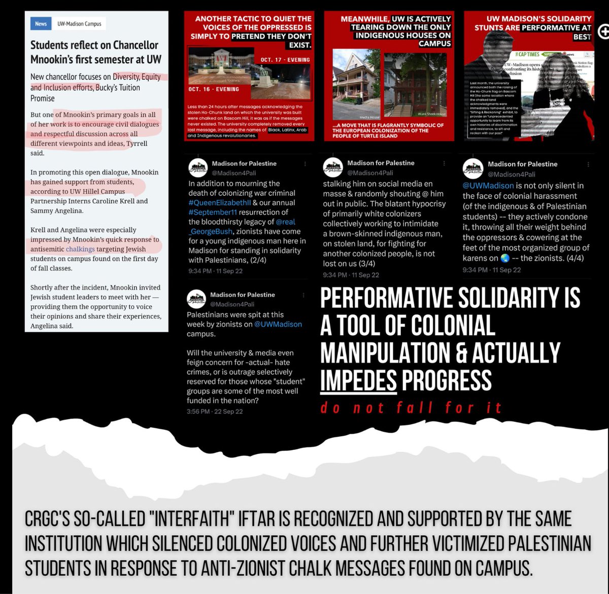 jennifer626's tweet photo. At first, I thought #Harvard & #NYU students might face stiff competition in the Midwest for “Most Appalling Campus Hate Speech.” #UWMadison administrators condoned as #ProtectedSpeech a rally where the attendees glorified #Hamas as #martyrs and chanted for “liberation” #ByAnyMeansNecessary.
But #UWMadison students weren’t responsible. “Local grassroot activist” #MadisonforPalestine was, a small Facebook group with no visible student participation that frequently criticizes the “colonizer” university. They scheduled the sit-in, then loudly celebrated the murder of Jews for 2 hours in front of the 6th largest Jewish student population in the U.S.
That’s right.
The chancellor should be more concerned about the well-being of these 5200 students than whether the #HamasAttacks will “fan the global flames of Islamophobia.”
