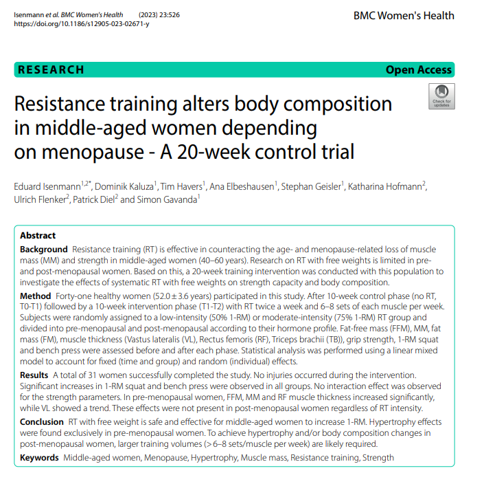 Menopause can accelerate age-related losses of muscle, strength, and bone. So can resistance training offset these losses? Here, 10 weeks of resistance training (twice per week) improved strength in both pre- and post-menopausal women. Despite this, muscle mass was only…