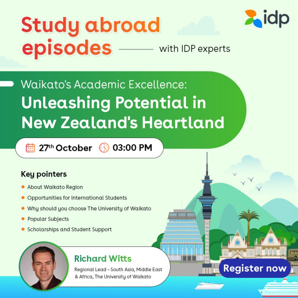 Discover academic excellence in the heart of New Zealand with Richard Witts, Regional Lead of The University of Waikato. 

Register now: srkr.io/60111yt

#IDP #IDPEducation #NZ #NewZealand #StudyInNewZealand #Education #highereducation #internationalstudies #studyabroad