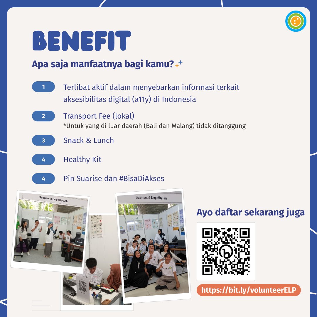 SuariseID's tweet photo. Yuk gabung menjadi relawan Accessibility Empathy Lab pop up Suarise pada di Bali pada 28 Oktober dan Malang pada 14 November (offline)

Langsung Klik https://t.co/hGJOkZ3uwn https://t.co/fwFgSROClX