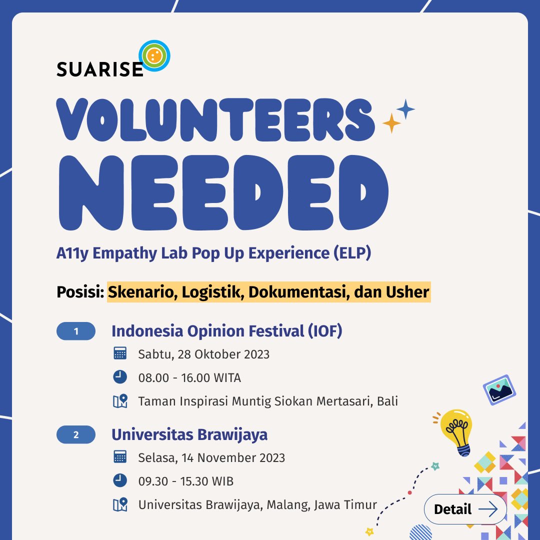 SuariseID's tweet photo. Yuk gabung menjadi relawan Accessibility Empathy Lab pop up Suarise pada di Bali pada 28 Oktober dan Malang pada 14 November (offline)

Langsung Klik https://t.co/hGJOkZ3uwn https://t.co/fwFgSROClX