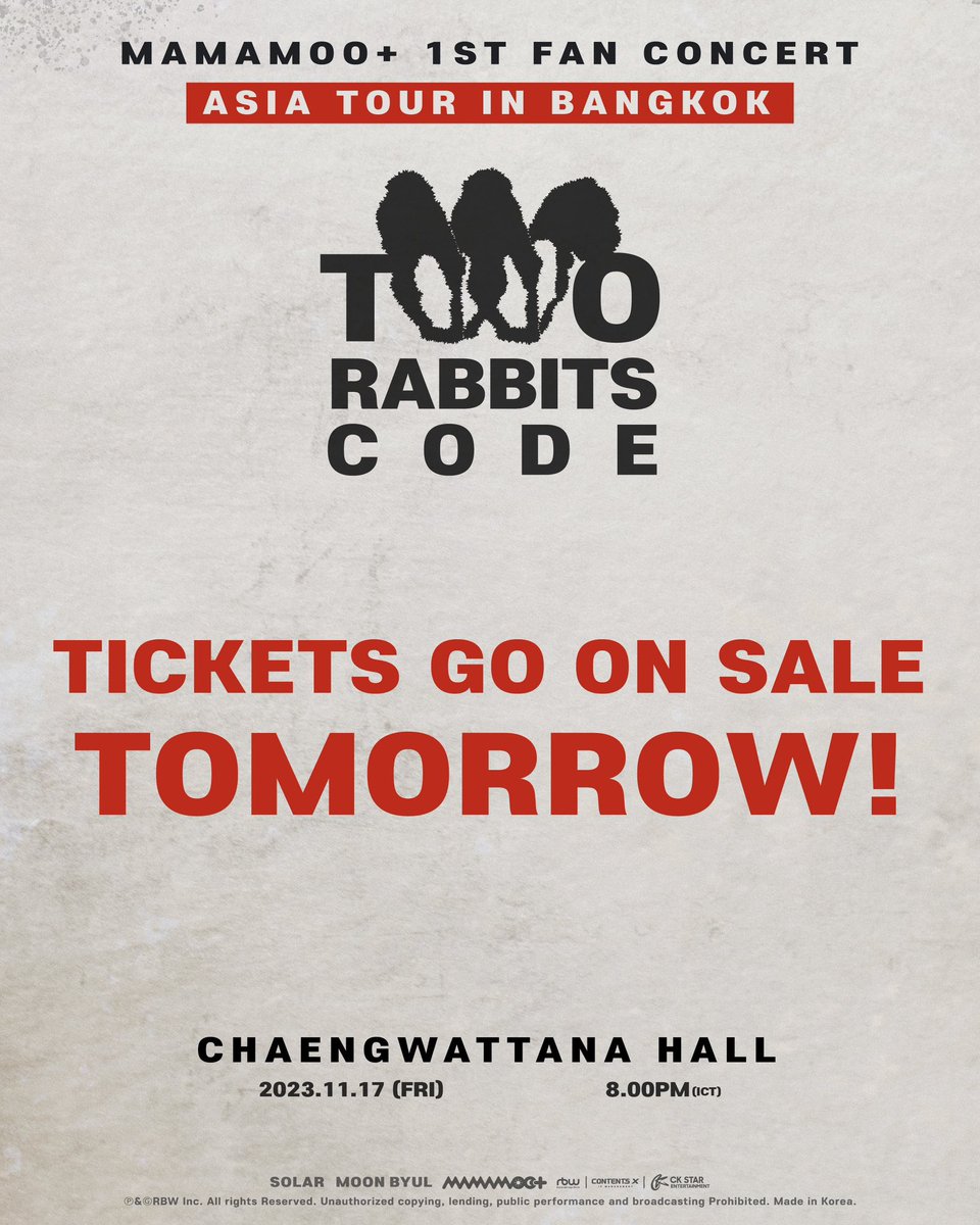MAMAMOOTH_'s tweet photo. [🎫] 231018 เที่ยงตรงวันพรุ่งนี้จะเปิดจำหน่ายบัตร 𝐌𝐀𝐌𝐀𝐌𝐎𝐎+ 𝟏𝐒𝐓 𝐅𝐀𝐍 𝐂𝐎𝐍𝐂𝐄𝐑𝐓 [𝐓𝐖𝐎 𝐑𝐀𝐁𝐁𝐈𝐓𝐒 𝐂����𝐃𝐄] - 𝐀𝐒𝐈𝐀 𝐓𝐎𝐔𝐑 𝐢𝐧 𝐁𝐀𝐍𝐆𝐊𝐎𝐊 แล้วค่ะ

📆 ศุกร์ 17 พ.ย. 2023
🕰️ 20:00 น.
📍แจ้งวัฒนะฮอลล์
👉🏻https://t.co/bYJi211spL

#มามามูพลัส #MAMAMOOplus https://t.co/KJkU0LJjzW