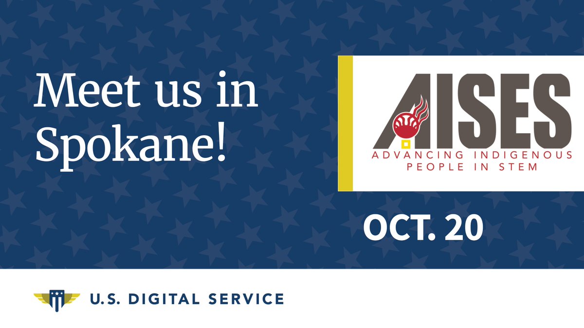 USDS's tweet photo. We're headed to Spokane for @AISES's National Conference for #indigenous peoples of North America & the Pacific Islands in STEM!
Find us at Booth 448 on Oct. 20 to learn about us, our most impactful work, & how to join us! #AISES #AISESNC2023 #nativesintech #nativesinstem https://t.co/SX8n4ro6WD