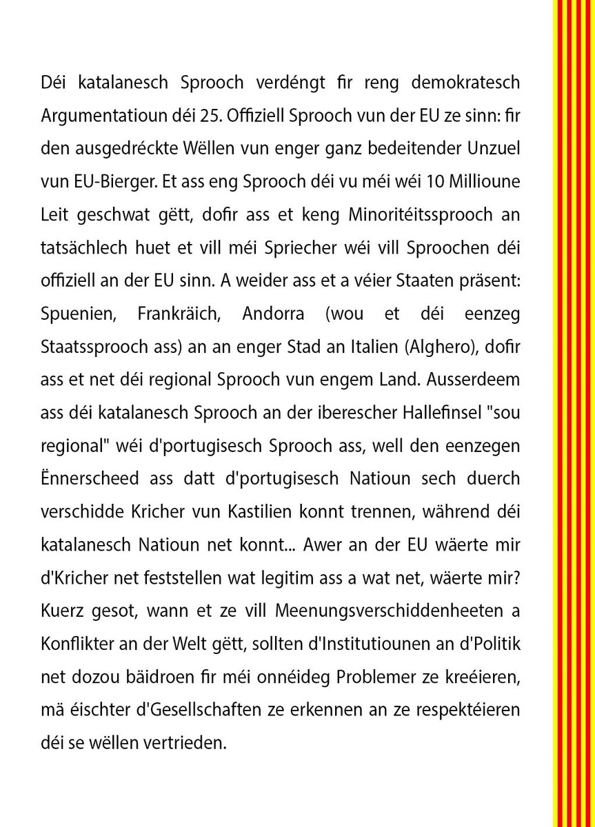TimbalersPelCat's tweet photo. @SwedishPM @SweMFA @TobiasBillstrom @JessikaRoswall @JohanForssell @PetteriOrpo @niinisto @TPKanslia @FinGovernment @Ulkoministerio @elinavaltonen @valtioneuvosto @adleande @FinlandinEU @MKeinanen @TMAalto @JuhaOttman @EmmanuelMacron @francediplo @francediplo_EN @MinColonna @becht_olivier @LaurenceBoone @CZacharopoulou @Palazzo_Chigi @GiorgiaMeloni @ItalyMFA @ItalyMFA_int @Antonio_Tajani @RaffaeleFitto @tripodimaria @Bundeskanzler @GermanyDiplo @AuswaertigesAmt @ABaerbock @tobiaslindner @AnnaLuehrmann @MinPres @MinBZ @DutchMFA @HankeBruinsSlot @NLatEU @GitanasNauseda @IngridaSimonyte @LithuaniaMFA @GLandsbergis 🇱🇺
EU Conseil Sëtzung, 24.10.2023:
Mir sinn iwwerzeegt datt Lëtzebuerg  d'Unerkennung vun der katalanescher Sprooch als offiziell Sprooch vun  der EU wäert ënnerstëtzen 🇪🇺.
Villmools Merci: @Xavier_Bettel @gouv_lu @MFA_Lu @RPUE_LU https://t.co/Vl774AIVDh