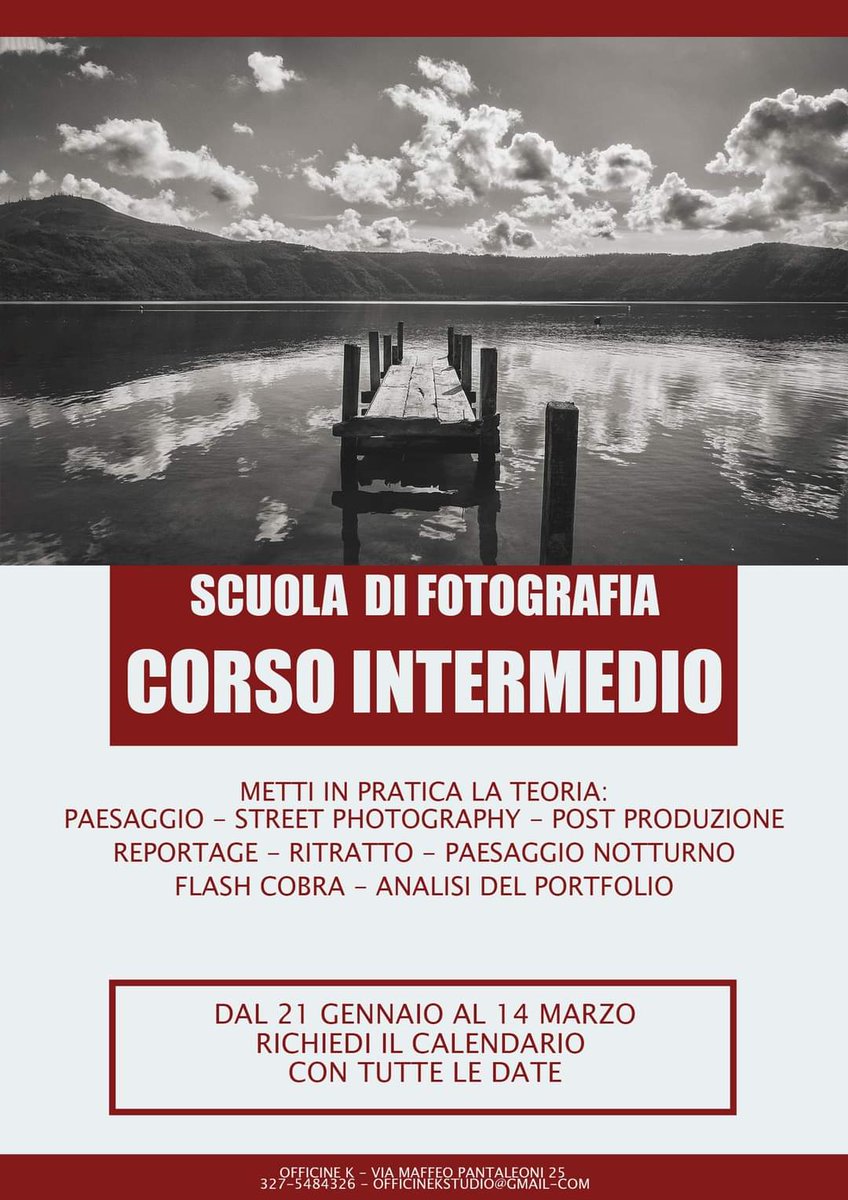 ATTENZIONE!
Anche il corso Intermedio è in partenza in partenza:
dal 21 gennaio al 14 marzo, chiedi il calendario completo con tutte le lezioni - paesaggio, paesaggio notturno, ritratto ambientato e in sala posa, street photography, reportage, post produzione, flash cobra e....