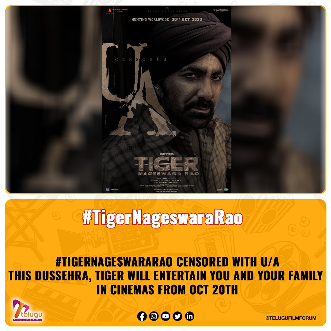 #TigerNageswaraRao censored with U/A This Dussehra, TIGER will entertain you and your family 🤩 In cinemas from Oct 20th @RaviTeja_offl @DirVamsee @AnupamPKher @AbhishekOfficl @NupurSanon @gaya3bh #RenuDesai @Jisshusengupta @gvprakash @anukreethy_vas @MayankOfficl