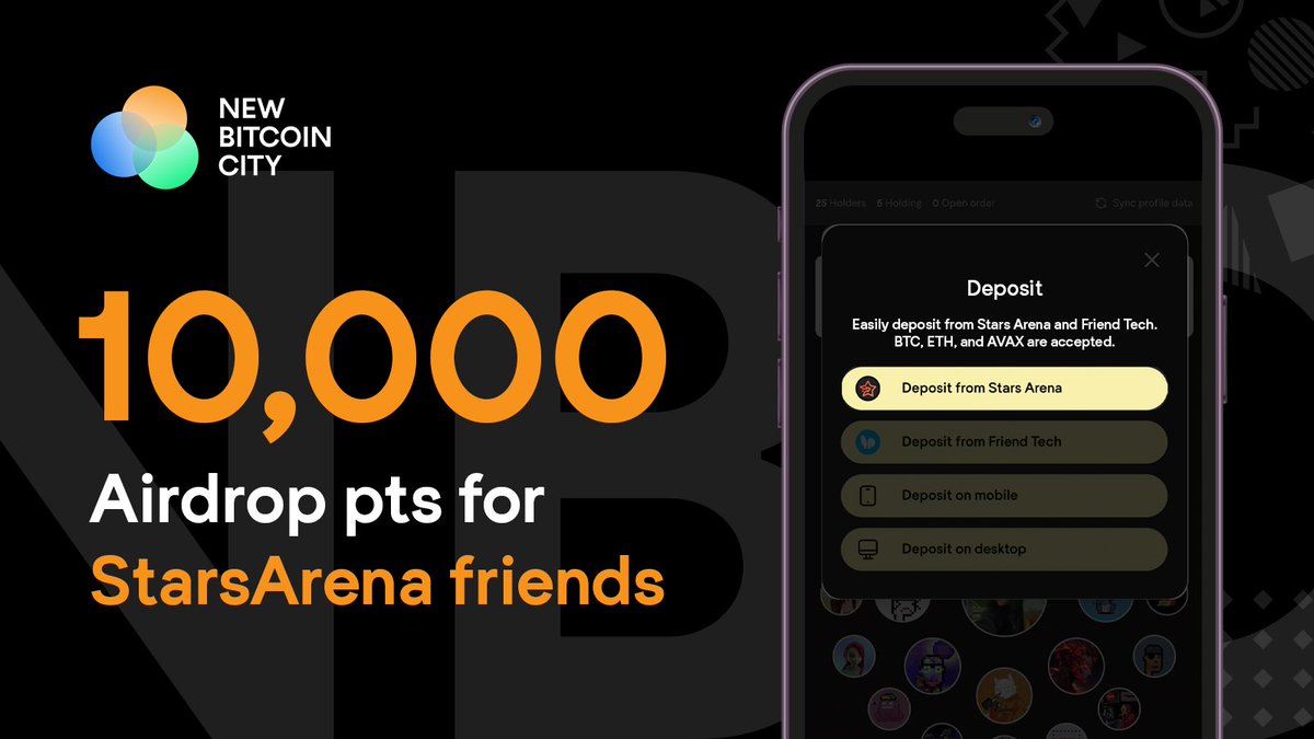 GM StarsArena friends,

Had an SA account before Oct 15?

Then join <a href="/NewBitcoinCity/">New Bitcoin City</a> with just 10 $AVAX and get

🔶 10k airdrop pts
🔶 8% in creator earnings
🔶 Fractional keys (option to buy 0.1 key)
🔶 Red packet giveaway in NBC circle

In fact, we now accept $AVAX deposits!