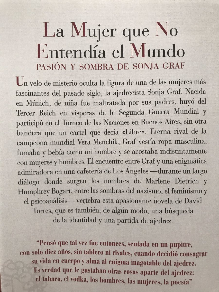 FdezMallo's tweet photo. #DavidTorres, uno de los novelistas más sólidos que conozco, biografía en clave de novela la vida de la ajedrecista #SonjaGraf, quien, desde su lugar de retiro, Los Ángeles, narra su peripecia vital en un mundo dominado por varones. Apasionante. @reinodecordelia https://t.co/aanMqTPF6m
