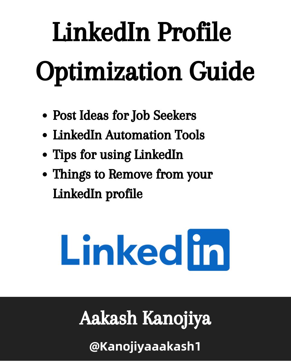 Kanojiyaaakash1's tweet image. 90% of recruiters use LinkedIn to find candidates.
But not everyone Knows how to optimize their LinkedIn profile.
So, I've built this Complete LinkedIn profile optimization Guide.
𝗪𝗼𝗿𝘁𝗵 $𝟱𝟬, 𝗯𝘂𝘁 𝗳𝗿𝗲𝗲 𝘁𝗼𝗱𝗮𝘆!
Topics this guide will cover:
→ Things to Remove…