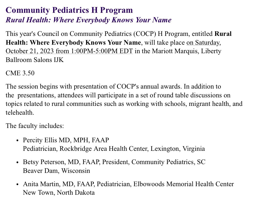 Excited about #AAPCOCP ‘s H program on rural health at #AAPNCE2024 . Special shout out to fellow @CSPfellows Dr Anita Martin who will be speaking! @AmerAcadPeds