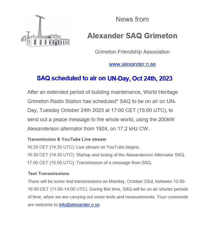 BlackApple62's tweet photo. Save the date!
SAQ transmission on 24 October 2023,
Using the unique 200kW Alexanderson alternator,
Built in 1924, on 17.2 kHz CW. https://t.co/nwCak228Zm
