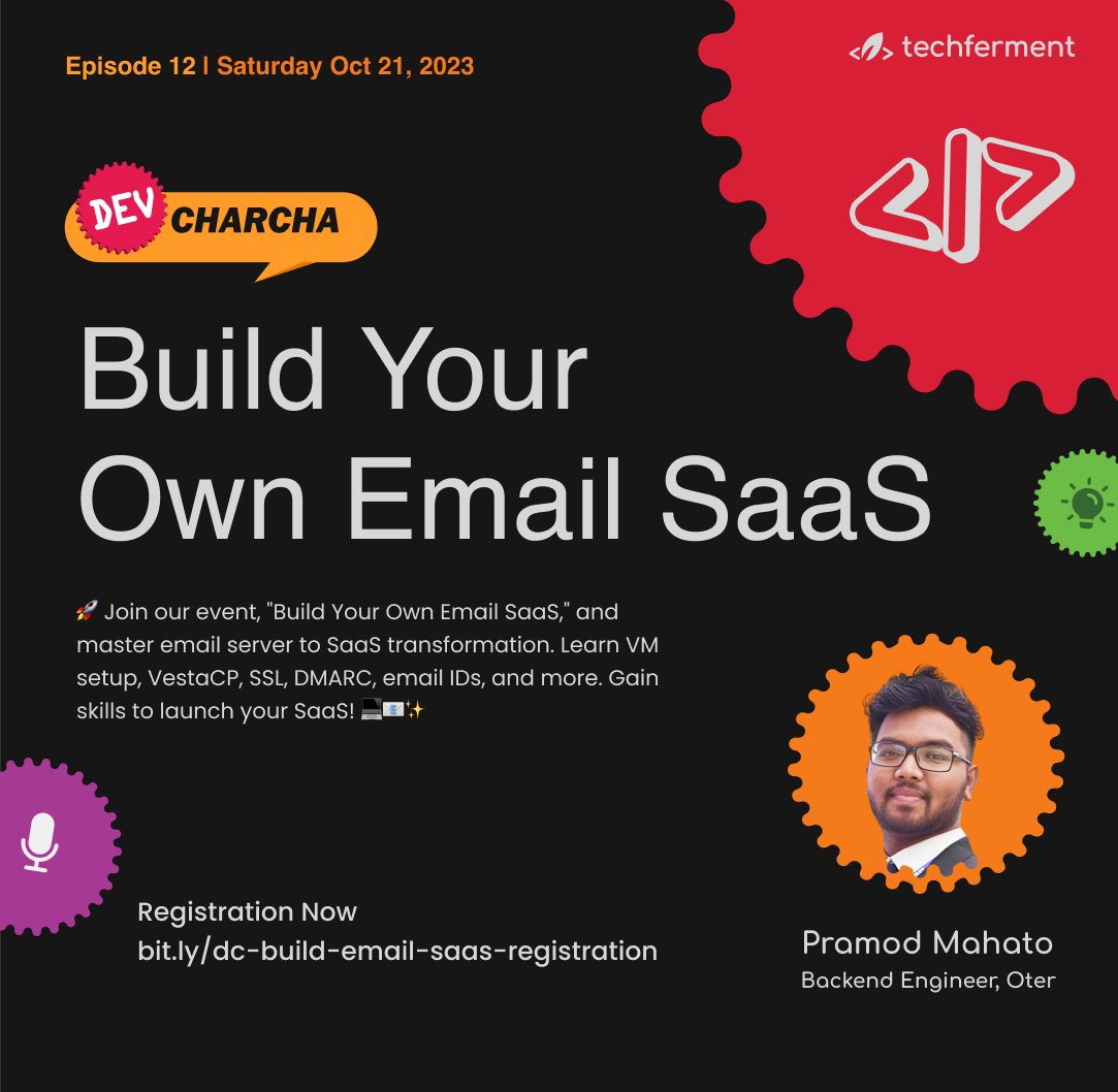 #MeetTheSpeaker for- Build Your Own Email SaaS

@pramod_mht, Backend Developer at Oter will take you through the journey

Say 'Hi' to your Speaker 👋  

Register yourself at 👇
bit.ly/dc-build-email…

#Web #TechFerment #WebDev #JavaScript #LearnToGether #DevCharcha