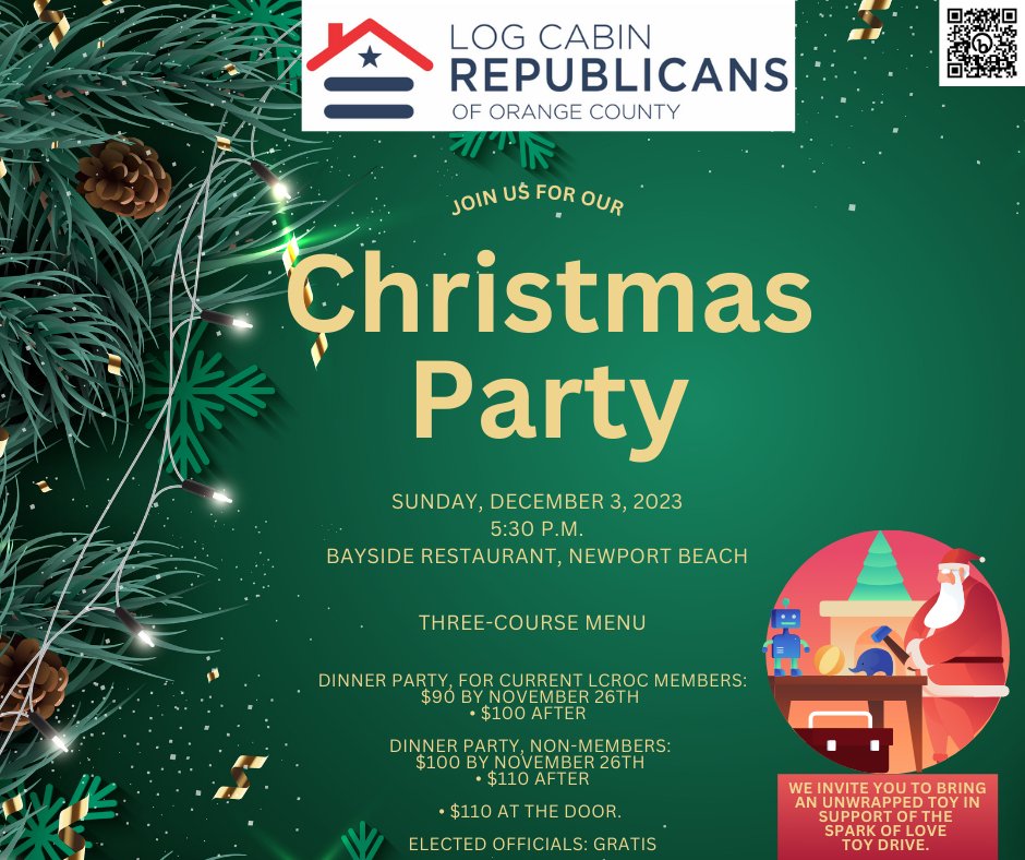 LogCabinOC's tweet photo. ⏰ Join us for our Christmas Party and Annual Meeting.  Reserve your space before 8:00 PM., Tuesday, November 28, 2023. https://t.co/WdFcMlZVNA
.
.
.
#LCROC #OC #California #Events #Gay #Allies #NewportBeach #Christmas #December #MakingMemories #SparkofLove https://t.co/nPqO12aU9Y