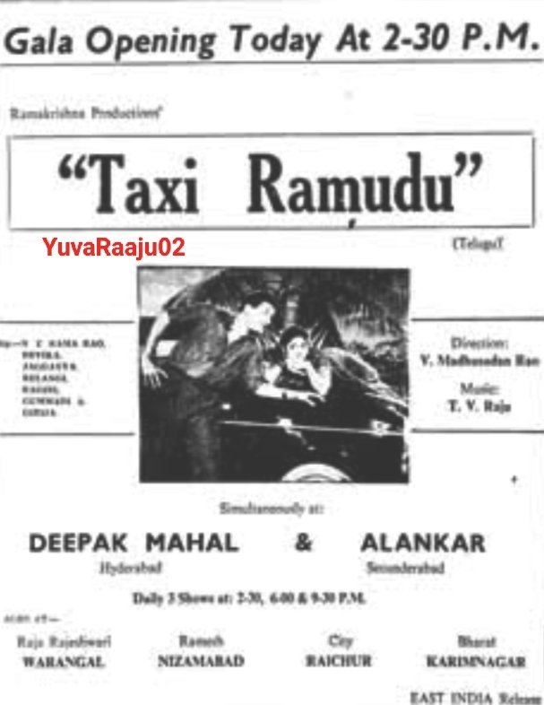YuvaRaaju02's tweet image. #62YearsForTaxiRamudu
Starring: #NTR garu

Hyd - DEEPAK - 36Days RUN Replaced with #Bahaana

Secbad - ALANKAR - 29Days RUN Replaced with #SabhashRaja