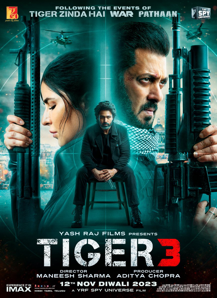 BeingSalmanKhan's tweet photo. Itna saara pyaar diya apne, toh naya poster release karna banta hai!

#Tiger3 coming to theatres this Diwali, 12th Nov, Sunday - countdown shuru kar do. 

Watch #Tiger3Trailer NOW  -  https://t.co/4SDEiVbIHx

Releasing in Hindi, Tamil & Telugu.

#KatrinaKaif | @emraanhashmi | #ManeeshSharma | @yrf | #YRF50 | #YRFSpyUniverse