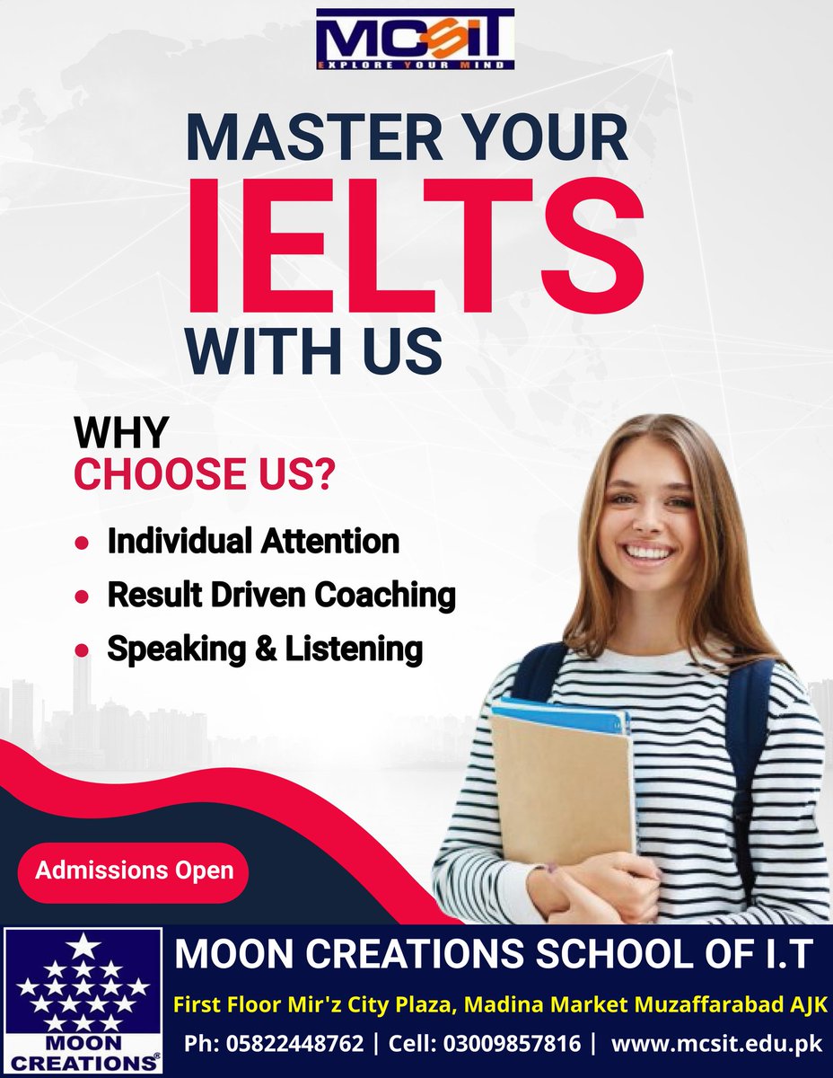 mooncreationsak's tweet photo. MOON CREATIONS School of I.T Offers
IELTS Test Preparation
Duration 1 Month
Class Timings: 5-6pm
Join Us
info@mc.com.pk
WhatsApp Link:
https://t.co/wVKkFTDHwN
https://t.co/fegrBBBhhC
https://t.co/TNkRjrVhxM
#DigitalMarketing 
#mooncreations https://t.co/8aQ6L2JX2m