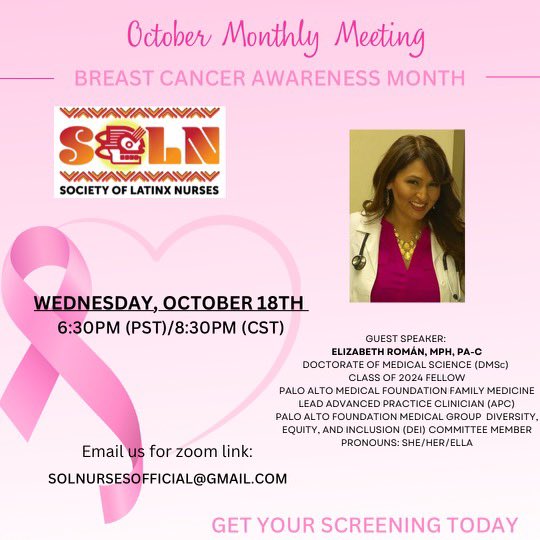 Join us tomorrow as for our monthly meeting as we discuss breast cancer screening with out allied health colleague- Elizabeth Roman, MPH, PA-C