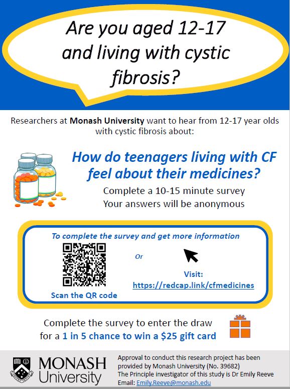 How do you feel about taking medicines for #cysticfibrosis? Have your say in this Australian survey! <a href="/CFAustralia/">Cystic Fibrosis Aust</a> <a href="/CysticFibrosis1/">Cystic Fibrosis WA</a> <a href="/telethonkids/">telethonkids</a> <a href="/RCHMelbourne/">The Royal Children's Hospital, Melbourne</a> <a href="/MonashChildrens/">Monash Children's</a> <a href="/westmeadkids/">Westmead Kids</a> <a href="/SCHNkids/">Sydney Children's Hospitals Network</a> <a href="/childhealthqld/">Children's Health Queensland</a> <a href="/CentMedUseSafet/">CMUS</a> <a href="/MonashPharm/">Monash Pharmacy & Pharmaceutical Sciences</a>