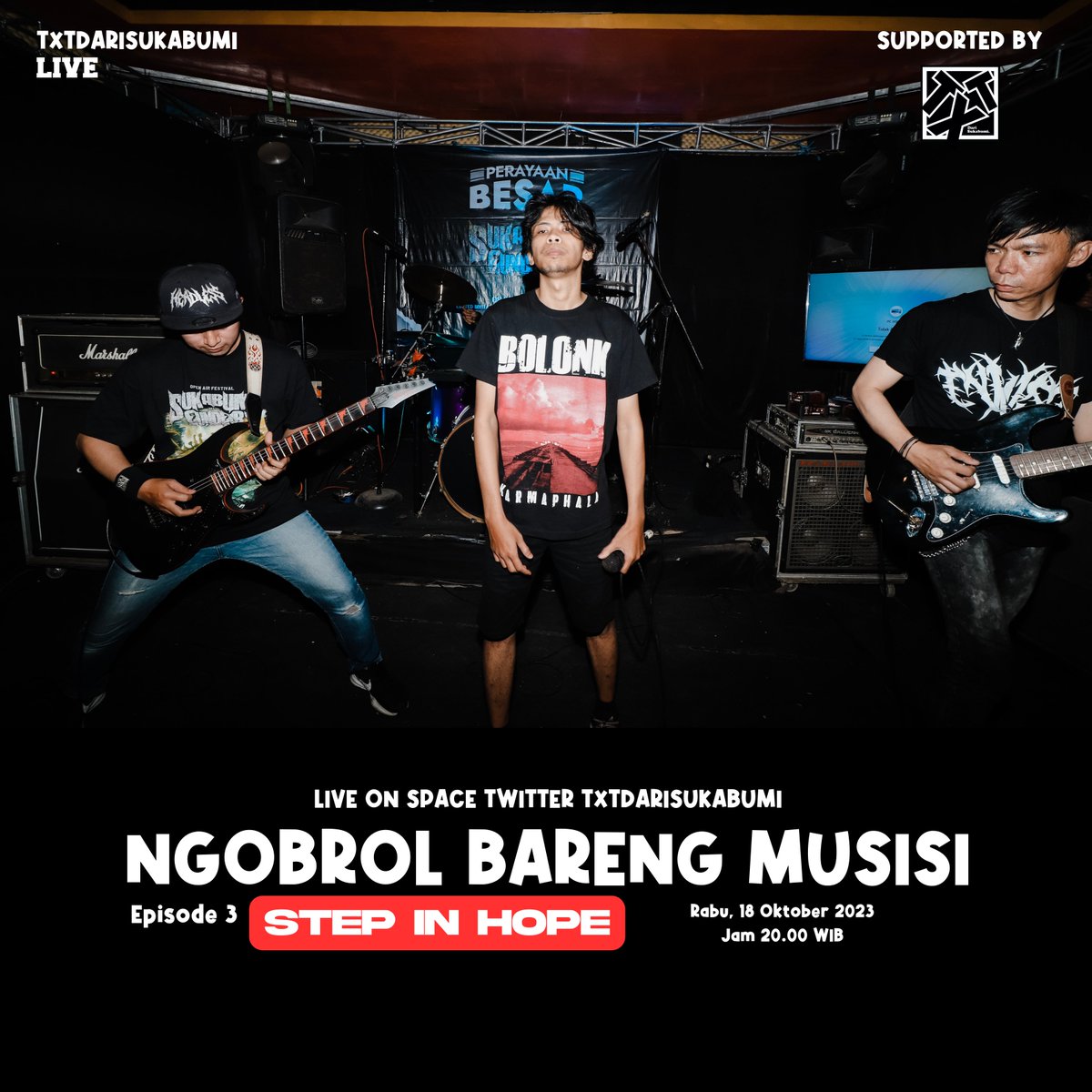 txtdarisukabumi's tweet photo. @stepinhopeee adalah unit Metalcore asal Sukabumi yang beranggotakan Paksi Kanakayama H (vokal), Rachmat Fauzi (Vokal, gitar), Rizki Fajar Juliawan (Bass) dan Diky Kusdinar (Gitar).

Malam ini kita mau ngobrol bareng mereka, ada yg mau nitip pertanyaan? https://t.co/Kd8D6DCjOz