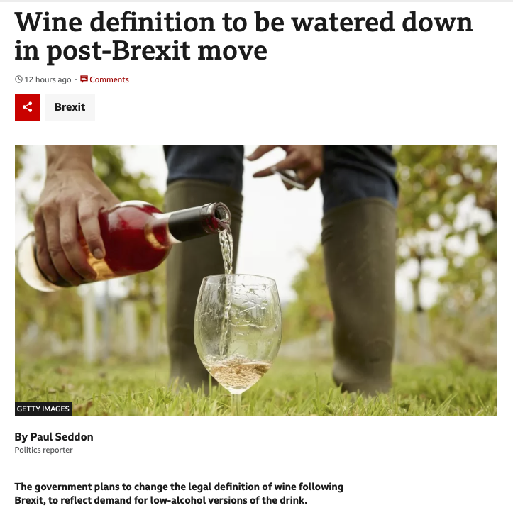 AlexTaylorNews's tweet photo. ... and it came to pass that Brexit transformeth the wine into the water 🤡👇

The UK gov, we read "intends to lower the minimum Alcohol By Volume (from EU minimum 8.5% ) to 0% for all types of wine" as part of a package of measures, "designed to boost British winemaking" 🤡🤡 https://t.co/11H6bB4M6o