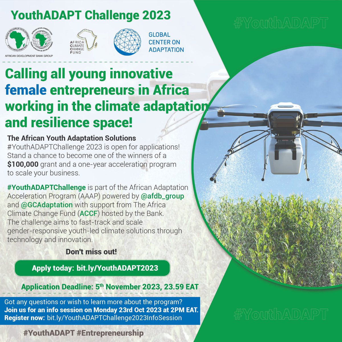 The African Youth Adaptation Solutions Challenge #YouthADAPTChallenge 2023 is now accepting applications. Register for an info session on 23/10/23 at 2PM EAT to learn more: lnkd.in/djeAxyEd. 
To know more and apply, visit bit.ly/YouthADAPT2023.
@AfDB_Group @GCAdaptation