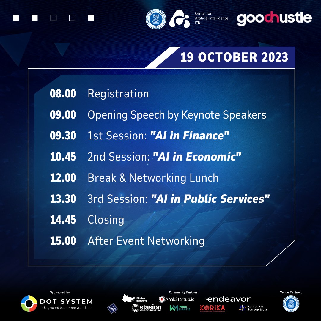 aivolutionid's tweet image. AIvolution 2023 Rundown

Here is the schedule to ensure you don&apos;t miss any part of the event! 
🗓️ Thursday, 19 October 2023
📍  ITB Jakarta, Graha Irama Building (Indorama), 12th floor
🕙  8:00 a.m. - 3:00 p.m. WIB

We look forward to your presence at the event!
#AIvolution #2023