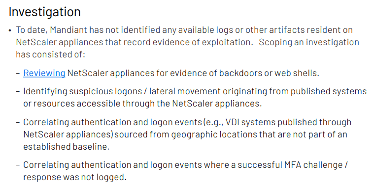 #Mandiant analysis of #NetScaler CVE-2023-4966 < Due to the lack of available log records or other artifacts of exploitation activity, organizations should consider rotating credentials services.google.com/fh/files/misc/…