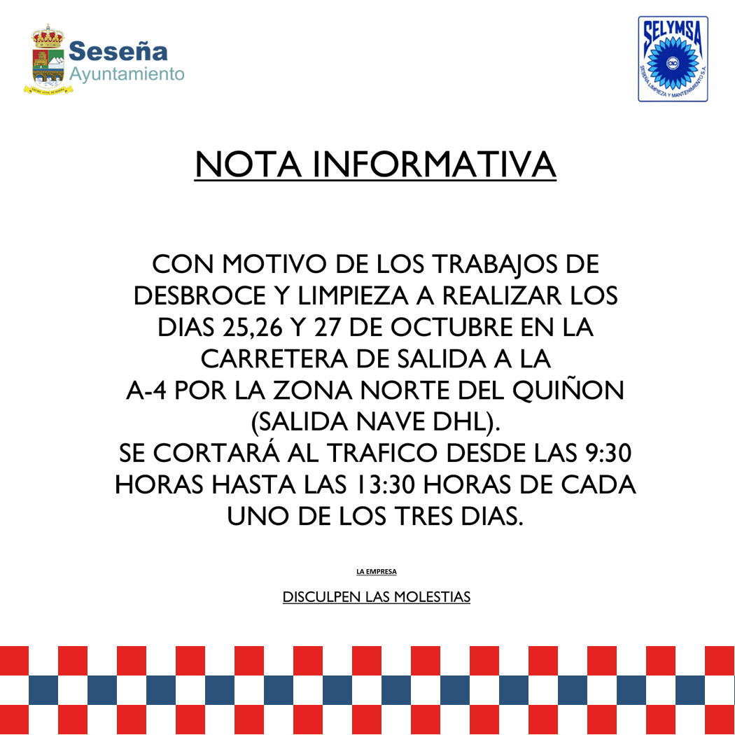 Desde el Ayuntamiento de Seseña informamos que,  los próximos días 25, 26 y 27 de octubre,  se llevarán a cabo trabajos de desbroce y limpieza +info bit.ly/3M7oQf9