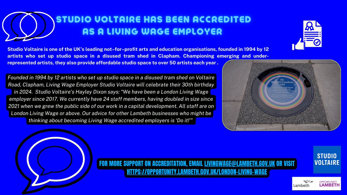 Spotlighting 'Studio Voltaire' as a Living Wage Employer in Lambeth! 

Find out how your business can benefit from becoming accredited & more: opportunity.lambeth.gov.uk/Web%20Forms/We…

#goodforbusiness #goodforpeople #fairwages #livingwageplace #livingwage #londonwages #wages #lambethemployers