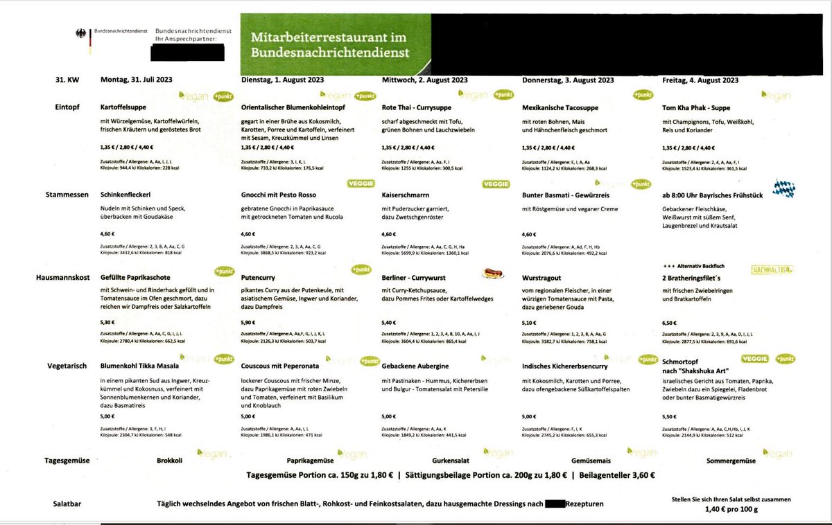 Infoportal <a href="/fragdenstaat/">FragDenStaat.de</a> hat beim #BND einen Speiseplan erfragt und erhalten. Mit Schwärzungen. Jetzt fragt man sich verwundert, warum die Salatsauce geschwärzt wurde. Dabei ist die Antwort klar: es sind natürlich Dressings nach Geheim-Rezepturen, oder?
<a href="/TspCheckpoint/">Tagesspiegel Checkpoint</a>