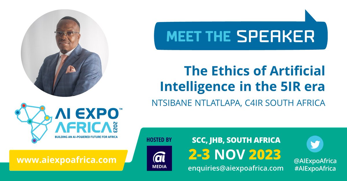 C4IRSouthAfrica's tweet photo. #C4IRSA is pleased to announce that Centre Head, Dr Ntsibane Ntlatlapa, will present a talk on “The ethics of #AI in the 5IR era” at #AIExpoAfrica Africa 2023, Sandton City Convention Centre, Johannesburg 2-3 November 2023.  Learn more &amp; register here https://t.co/kgjmPLXGdZ https://t.co/McI0uLn7R9