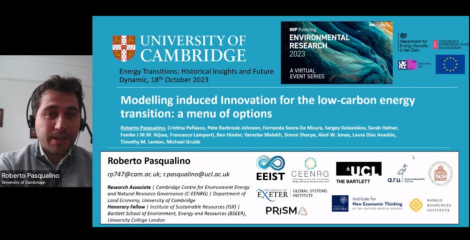 Next up <a href="/RobPasqualino/">Roberto Pasqualino (He/Him)</a> presents: 'Modelling induced innovation for low-carbon energy transition: a menu of options' - join now! #ER23 ioppublishing.eventsair.com/cmspreview/env…