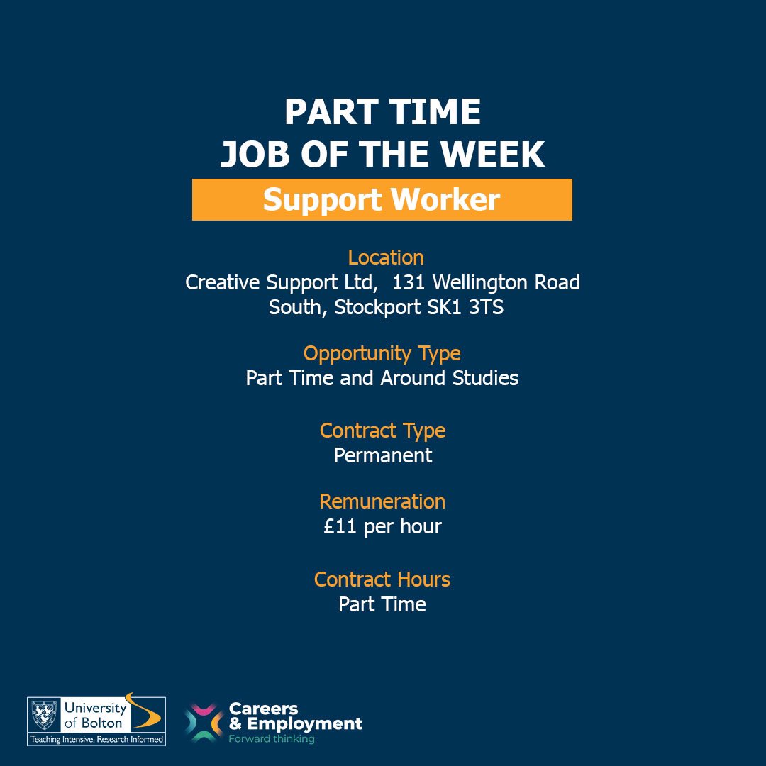 boltoncareers's tweet image. #ParttimeJoboftheWeek
Role - Support Worker

Permanent part time position

£11 per hour.

To apply, click here &amp;gt;&amp;gt; lnkd.in/eHwN8Ksy

#jobs #studentjobs #universityofbolton