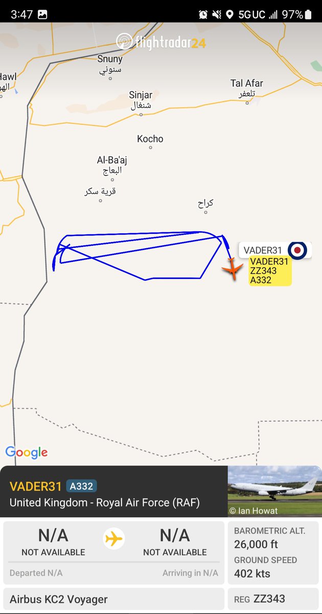 RAF KC2 Voyager ZZ343 #43C700 as VADER31, refueling ops near Iraq-Syria border.