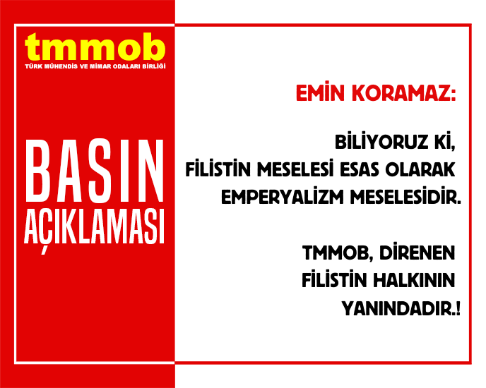 TMMOB1954's tweet photo. TMMOB Yönetim Kurulu Başkanı Emin Koramaz İsrail - Filistin çatışması üzerine 18 Ekim 2023 tarihinde bir basın açıklaması yaptı: Filistin Halkının Özgürlük Mücadelesinin Yanındayız!

https://t.co/AKmXwmOqN8 https://t.co/v0iiCdXsso