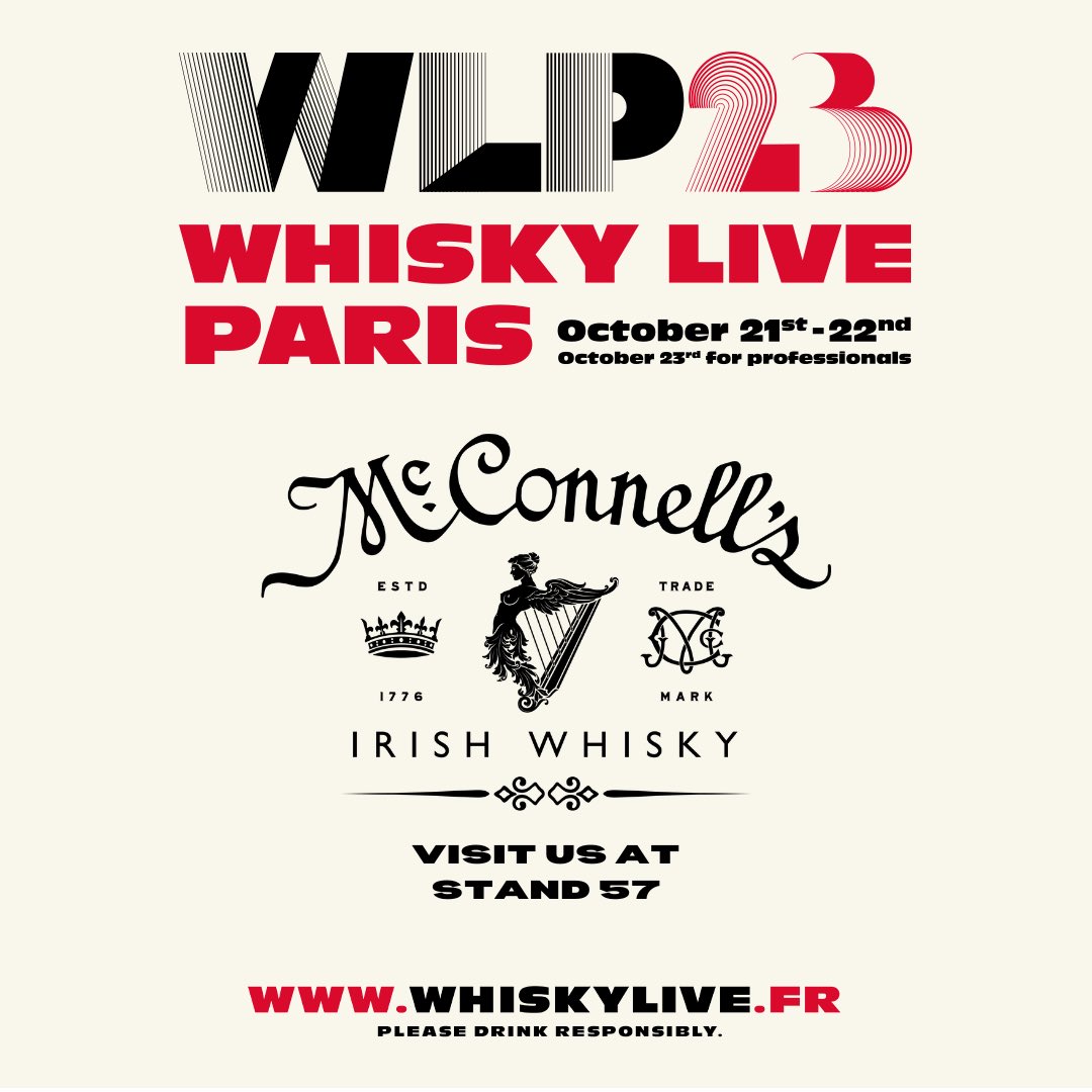 Our team is thrilled to announce our presence at Whisky Live Paris from October 21st to 23rd, in collaboration with our partners at Maison Villevert  

Come visit us at booth 57 for the opportunity to try our award winning Irish whiskies 

#mcconnellsirishwhisky #WLP23