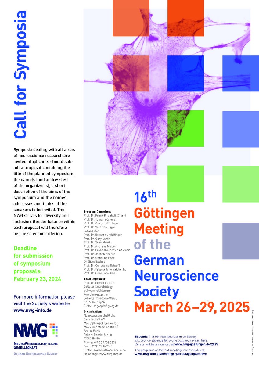 We would like to invite all interested neuroscientists to submit proposals for symposia from all areas of neuroscience for the next Göttingen Meeting of the German Neuroscience Society. More information can be found here: web.nwg-info.de/en/conference