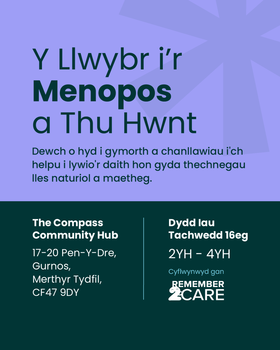 CompassComHub's tweet image. MIS YMWYBYDDIAETH Y MENOPAU 🚺♀️

Yn cefnogi Mis Ymwybyddiaeth Menopos, mewn partneriaeth â Remember 2 Care rydym wedi sicrhau sgwrs Menopos ar gyfer dydd Iau 16 Tachwedd 2pm-4pm.

Archebwch nawr:
eventbrite.com/e/the-pathway-…
