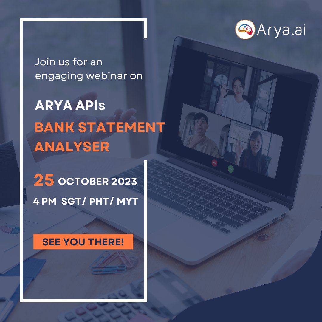 apis_arya's tweet photo. Join us for a virtual deep dive of Arya's Bank Statement Analyser API webinar!
Reserve your spot now: https://t.co/e9BdDRUVdQ

#bankstatement #financialanalysis #bank #finance #webinar #api #ai https://t.co/qMAZa1k00q